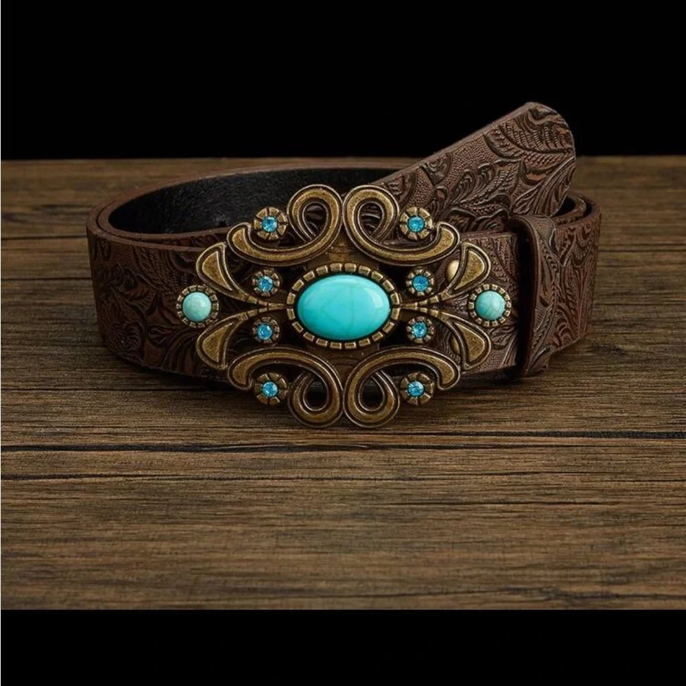 Turquoise Jewels Embossed Floral Faux Leather Bronze Buckle Belt Size Large